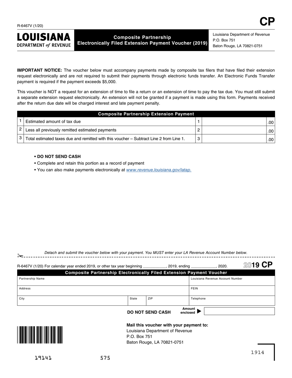Form R-6467V Composite Partnership Electronically Filed Extension Payment Voucher - Louisiana, Page 1