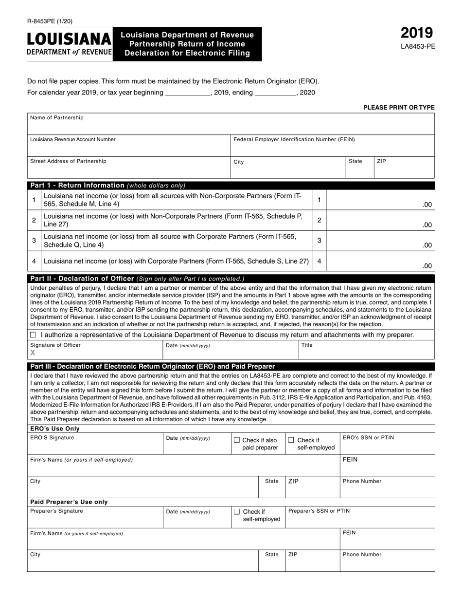 Form R-8453PE Louisiana Department of Revenue Partnership Return of Income Declaration for Electronic Filing - Louisiana, Page 1