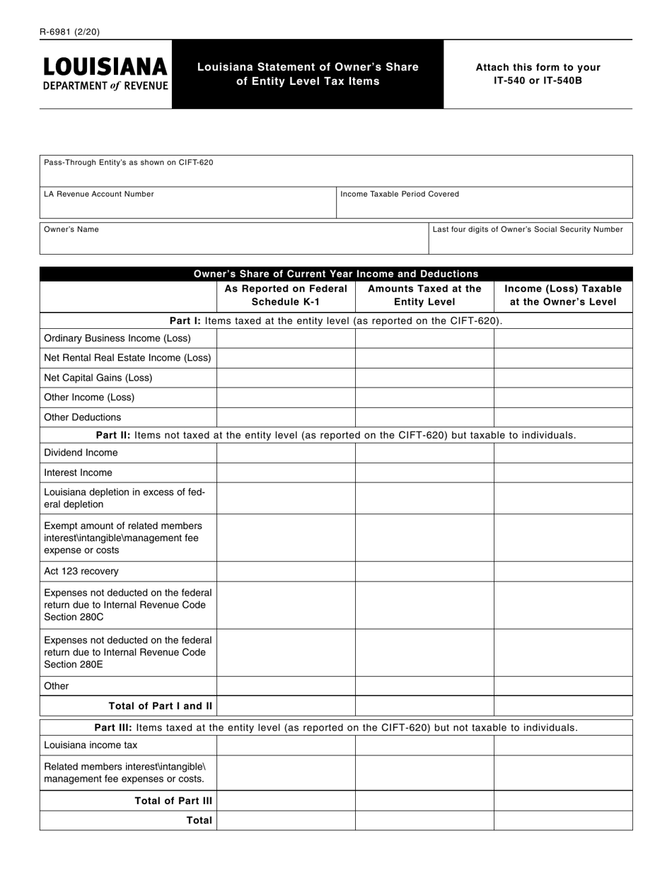 Form R-6981 Louisiana Statement of Owners Share of Entity Level Tax Items - Louisiana, Page 1