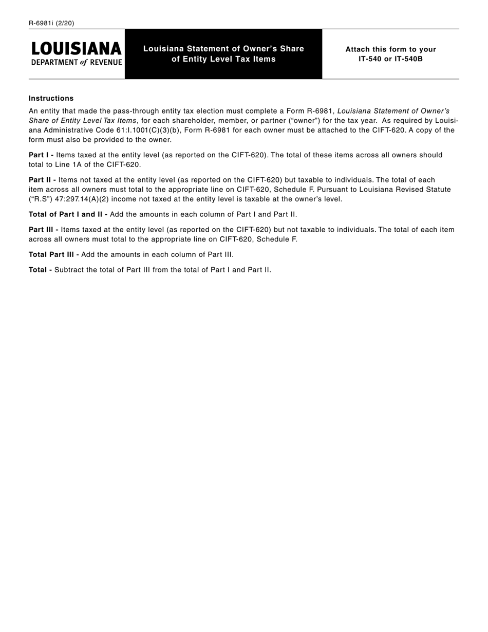 Form R-6981 Louisiana Statement of Owners Share of Entity Level Tax Items - Louisiana, Page 2