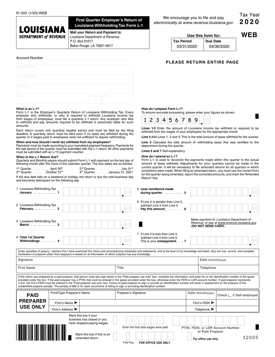 Form L-1 (R-1201) First Quarter Employers Return of Louisiana Withholding Tax Form - Louisiana, Page 1