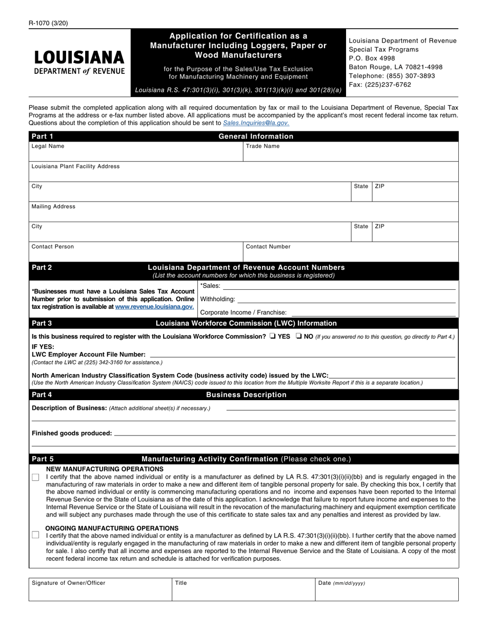 Form R-1070 Application for Certification as a Manufacturer Including Loggers, Paper or Wood Manufacturers - Louisiana, Page 1