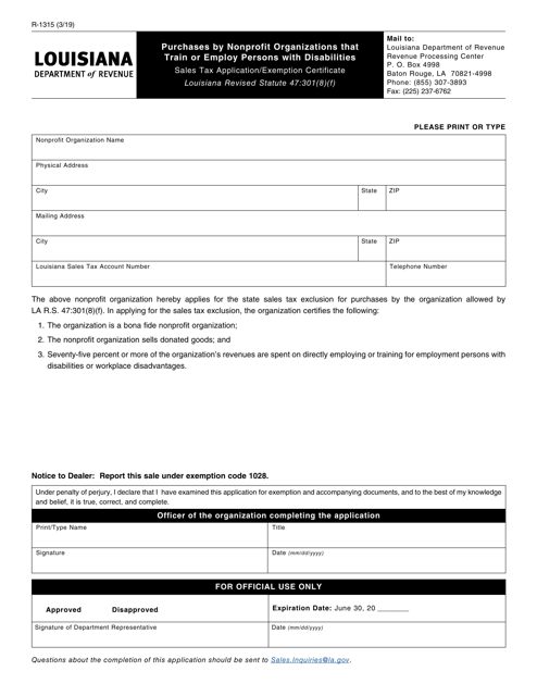 Form R-1315 Purchases by Nonprofit Organizations That Train or Employ Persons With Disabilities - Louisiana