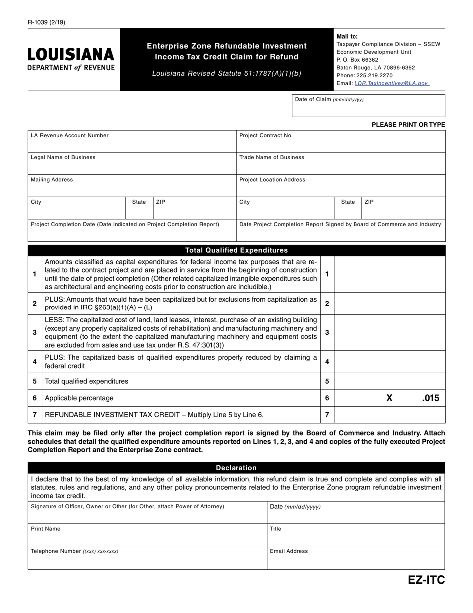 Form R-1039 Enterprise Zone Refundable Investment Income Tax Credit Claim for Refund - Louisiana, Page 1