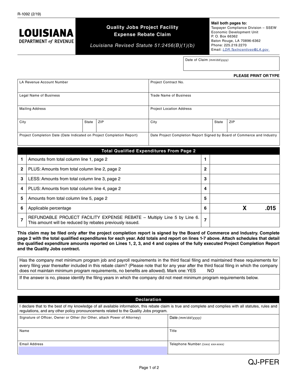 Form R-1092 Quality Jobs Project Facility Expense Rebate Claim - Louisiana, Page 1