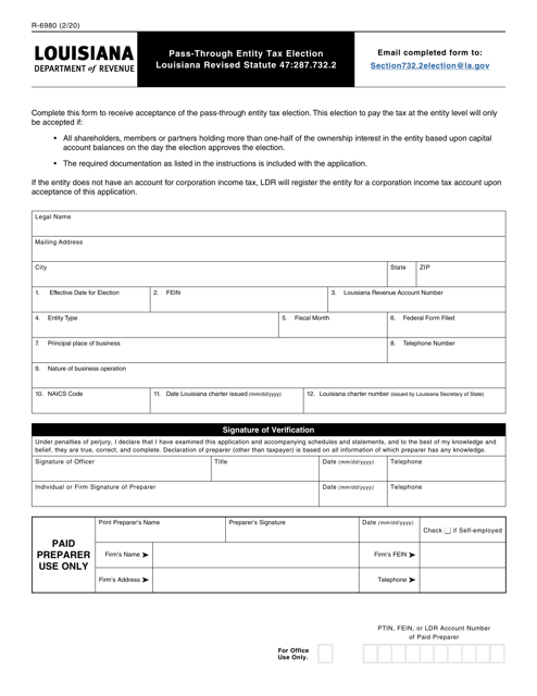 Form R-6980 Pass-Through Entity Tax Election - Louisiana