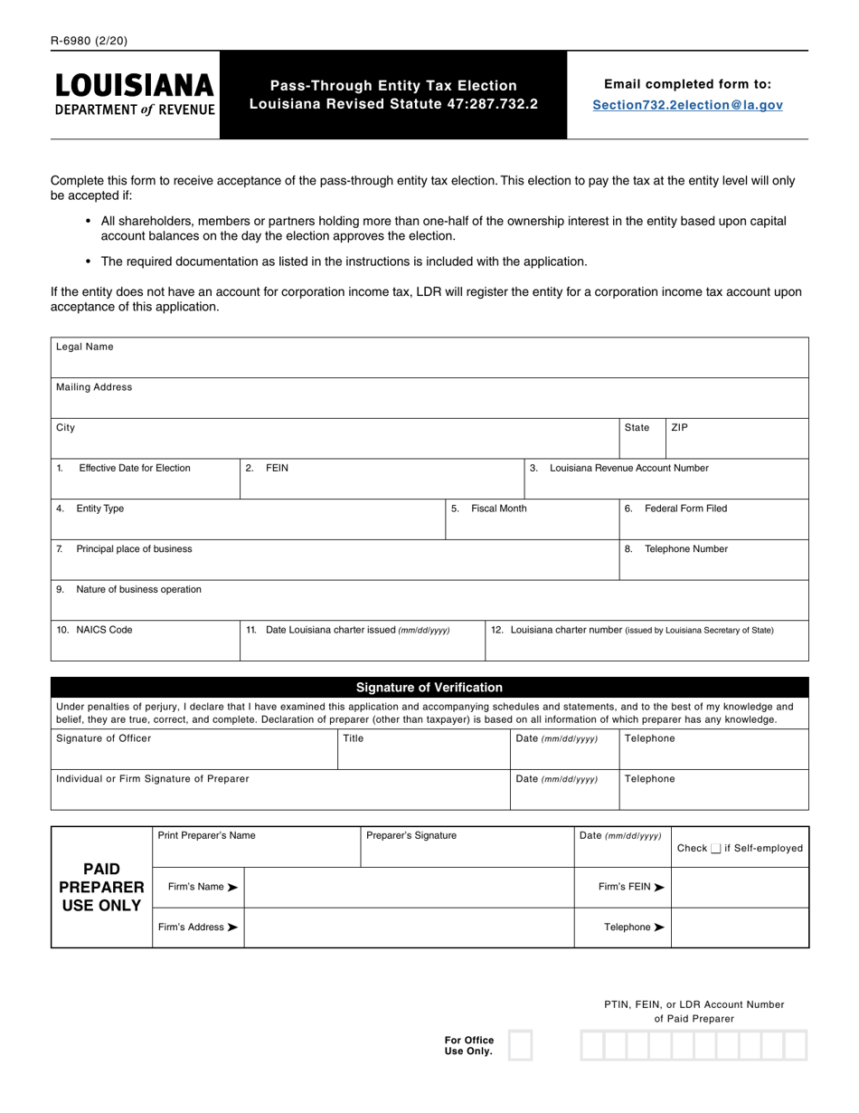 Form R-6980 Pass-Through Entity Tax Election - Louisiana, Page 1