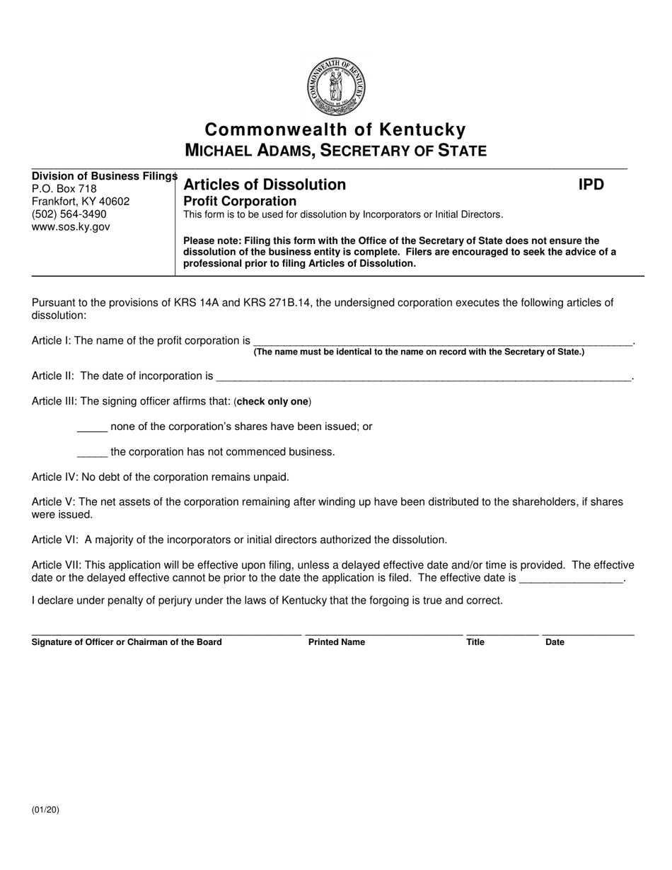 Articles of Dissolution - Profit Corporation - Kentucky, Page 1