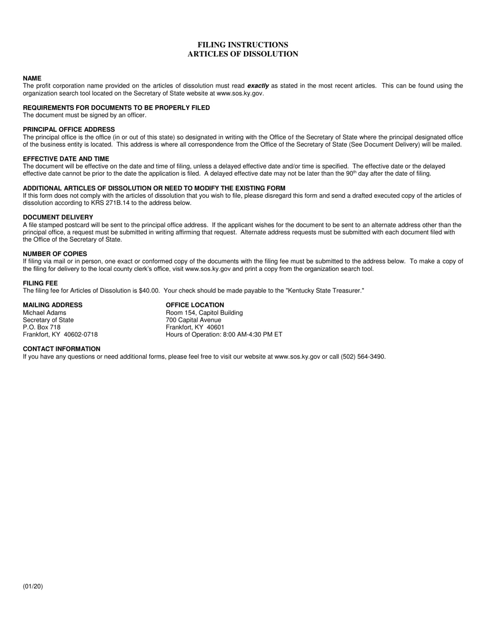 Articles of Dissolution - Profit Corporation - Kentucky, Page 2