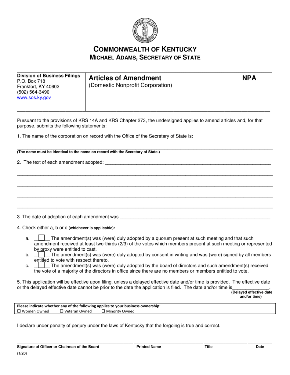 Articles of Amendment (Domestic Nonprofit Corporation) - Kentucky, Page 1