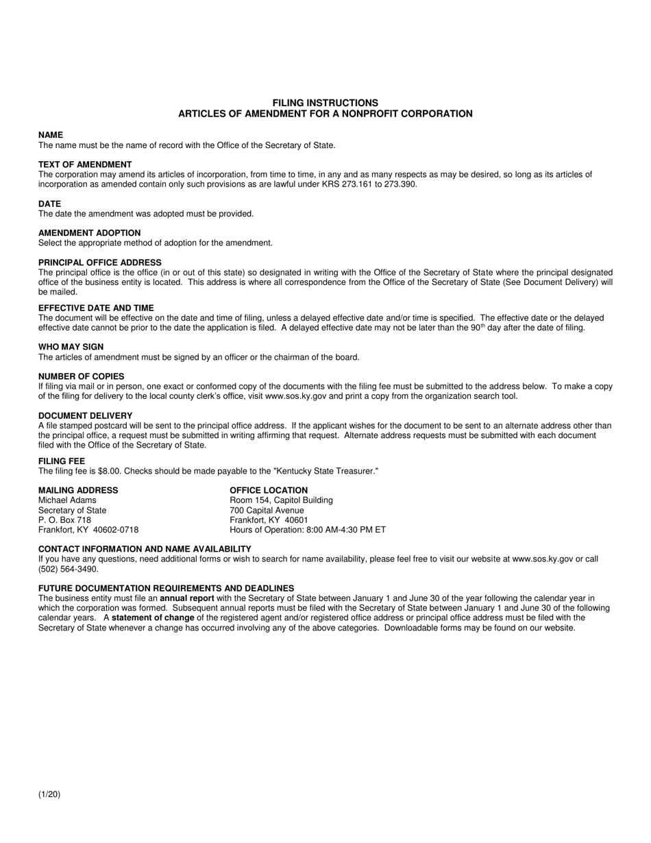 Articles of Amendment (Domestic Nonprofit Corporation) - Kentucky, Page 2