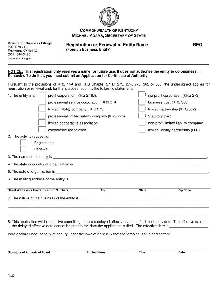 Registration or Renewal of Entity Name (Foreign Business Entity) - Kentucky, Page 1