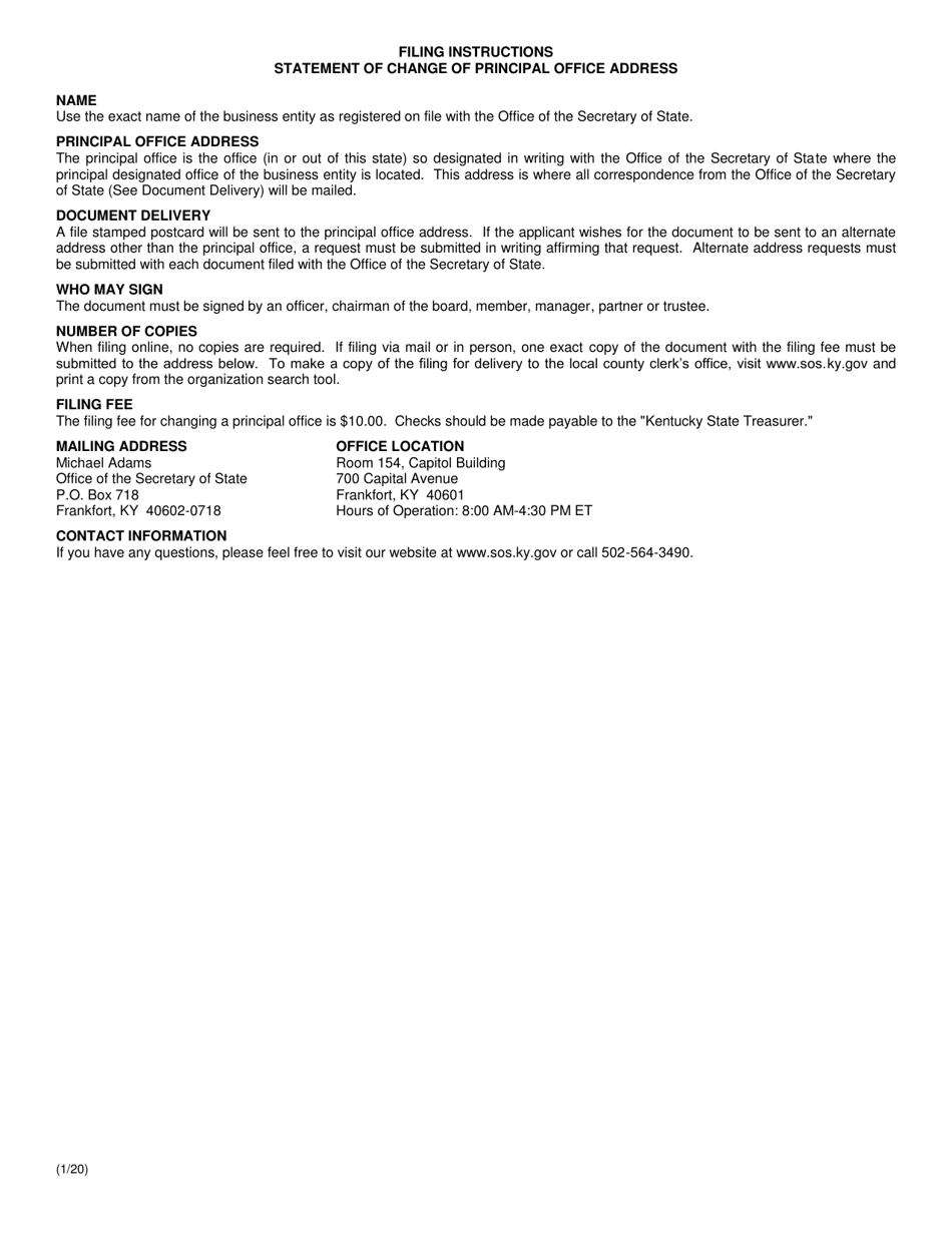 Statement of Change of Principal Office Address - Kentucky, Page 2