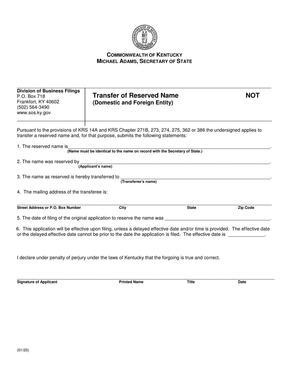 Transfer of Reserved Name (Domestic and Foreign Entity) - Kentucky, Page 1