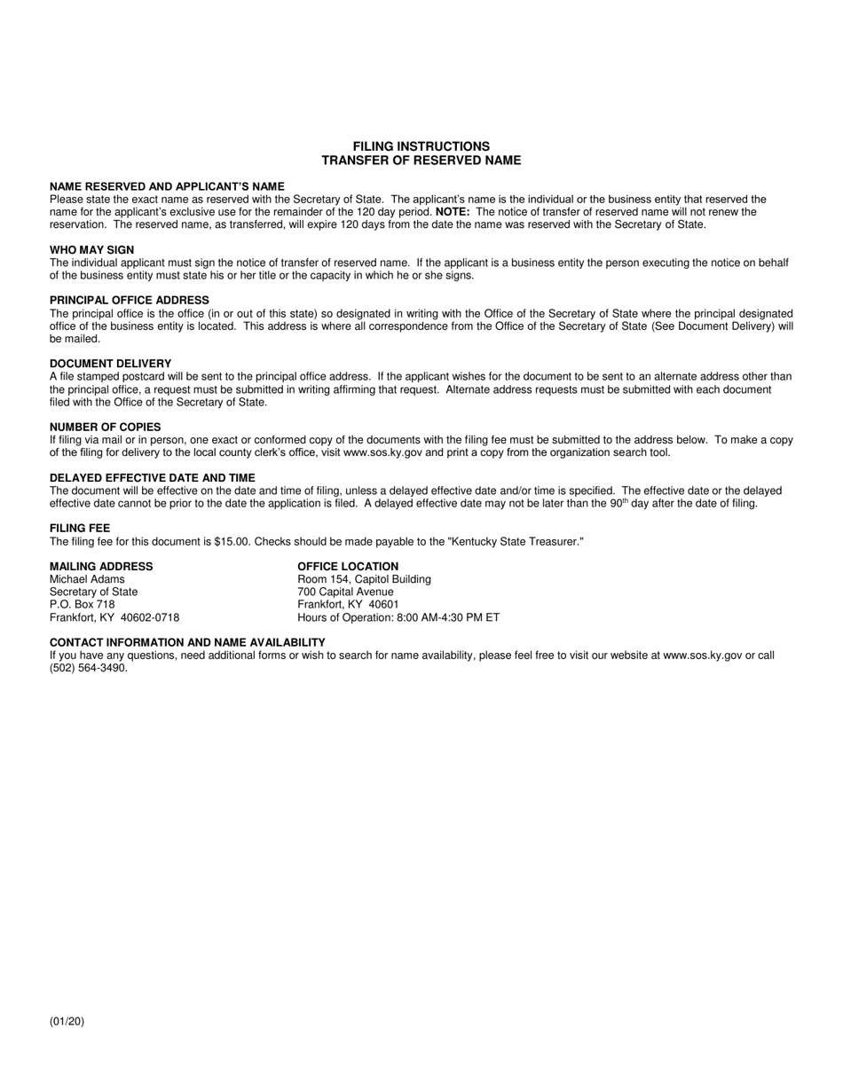 Transfer of Reserved Name (Domestic and Foreign Entity) - Kentucky, Page 2
