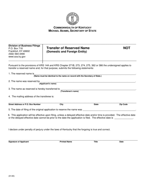 Transfer of Reserved Name (Domestic and Foreign Entity) - Kentucky Download Pdf