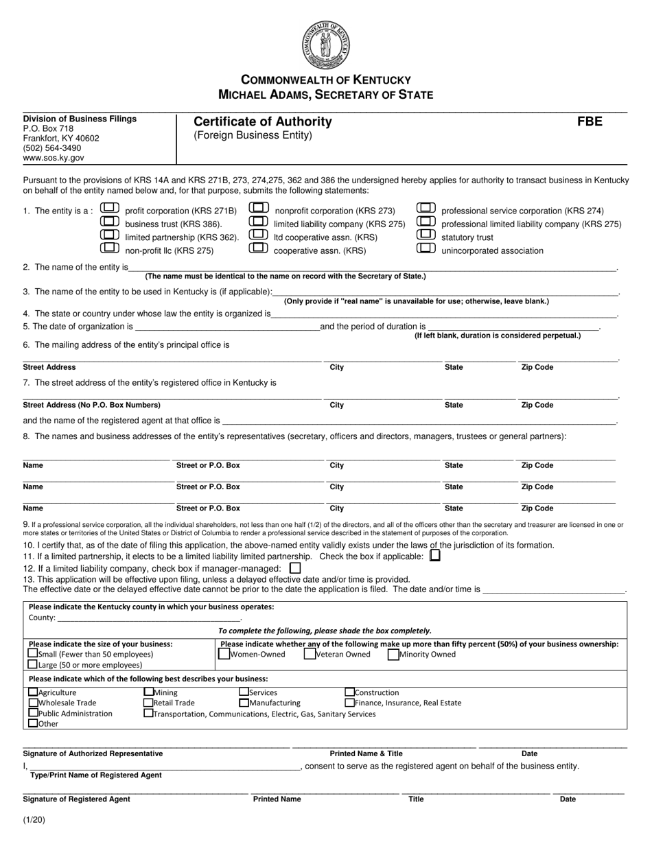Certificate of Authority Kentucky