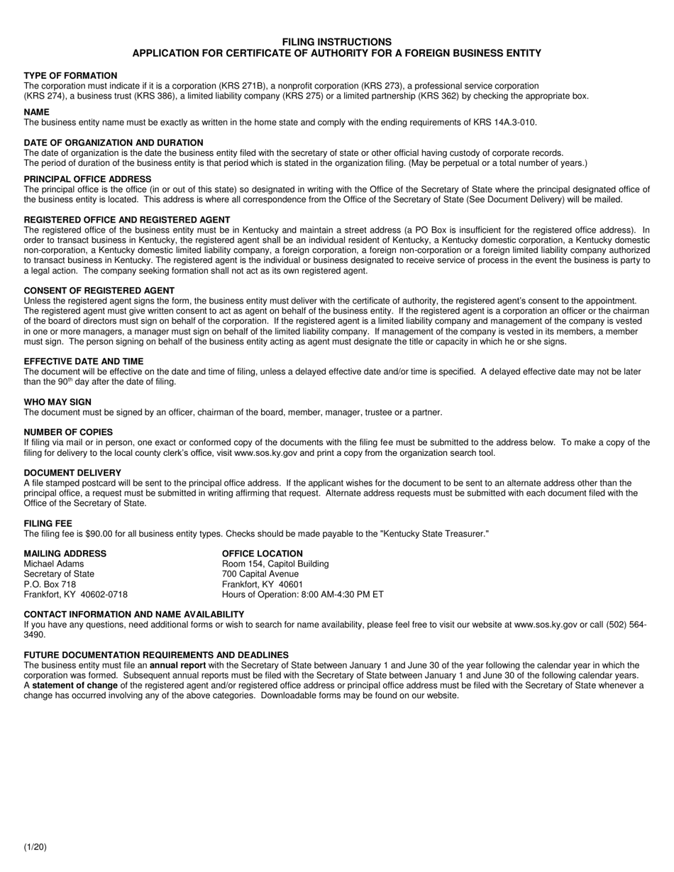 Certificate of Authority (Foreign Business Entity) - Kentucky, Page 2