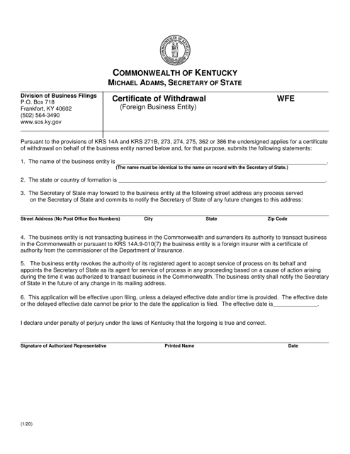 Certificate of Withdrawal (Foreign Business Entity) - Kentucky Download Pdf