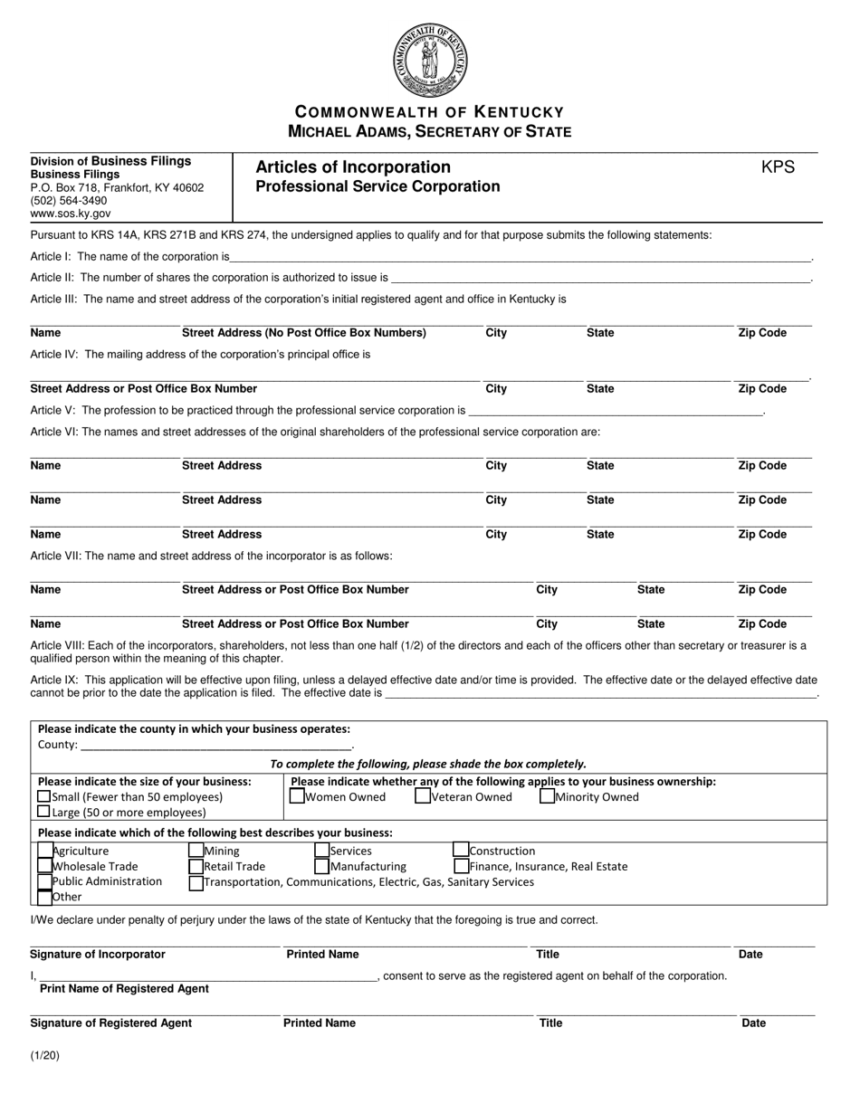 Kentucky Articles of Incorporation Professional Service Corporation