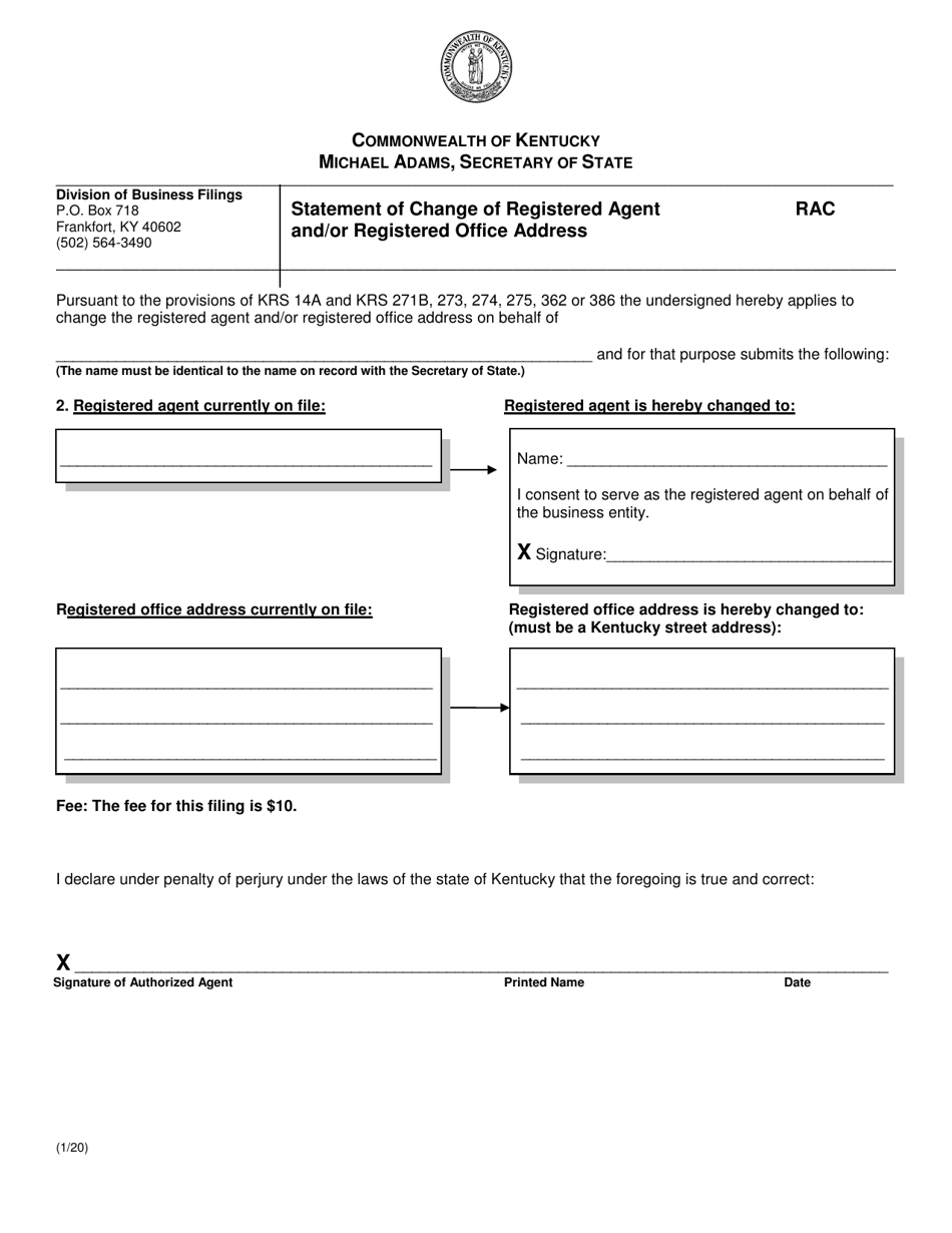 Statement of Change of Registered Agent and / or Registered Office Address - Kentucky, Page 1