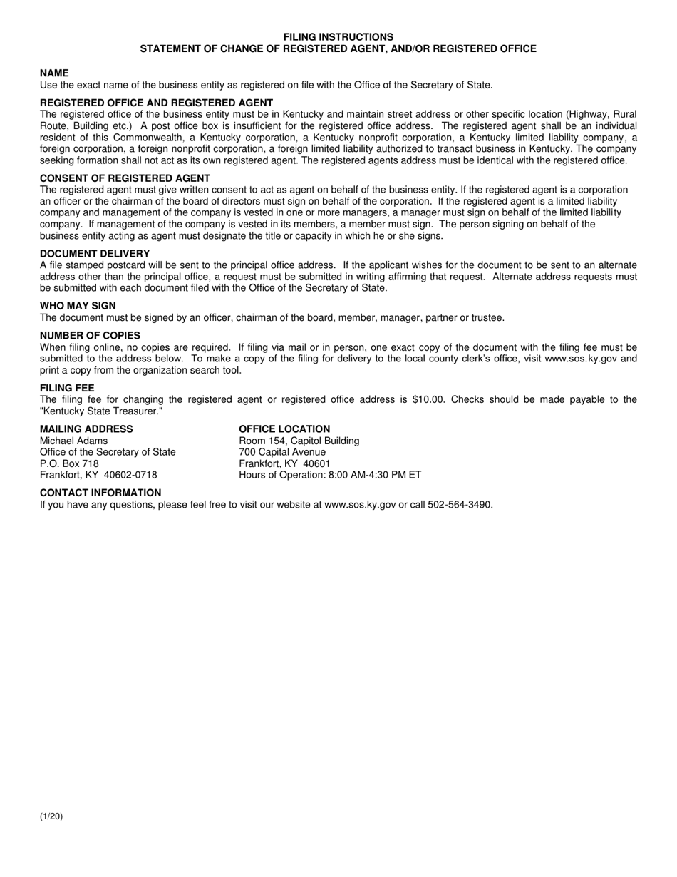 Kentucky Statement of Change of Registered Agent and/or Registered