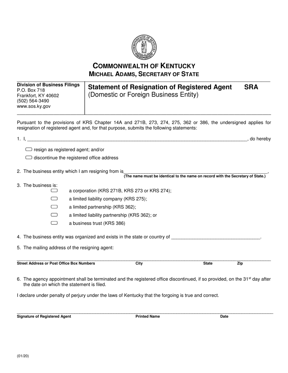 Statement of Resignation of Registered Agent (Domestic or Foreign Business Entity) - Kentucky, Page 1