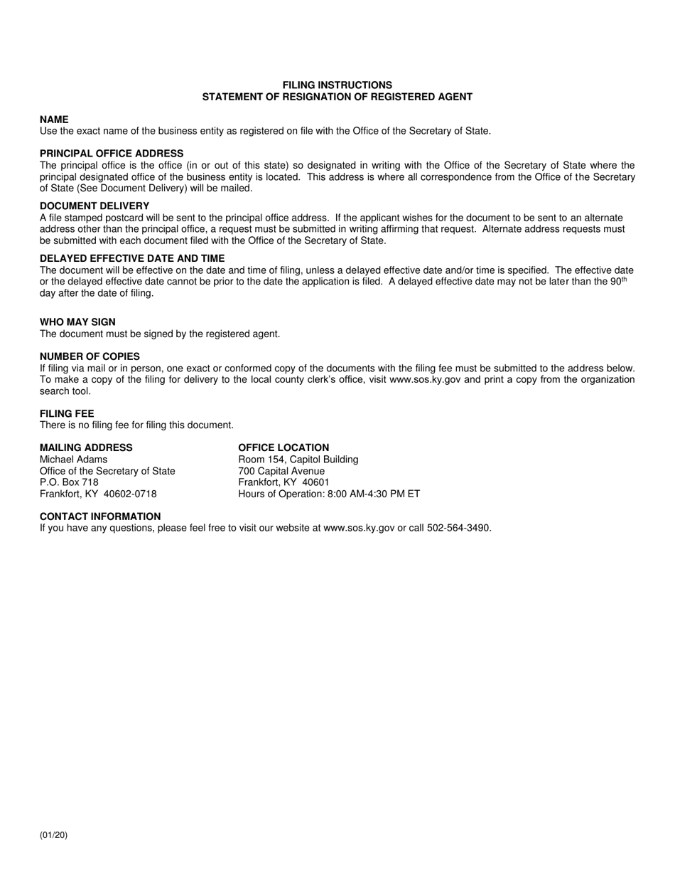 Statement of Resignation of Registered Agent (Domestic or Foreign Business Entity) - Kentucky, Page 2