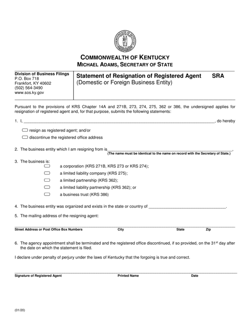 Statement of Resignation of Registered Agent (Domestic or Foreign Business Entity) - Kentucky Download Pdf