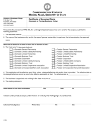 Document preview: Certificate of Assumed Name (Domestic or Foreign Business Entity) - Kentucky