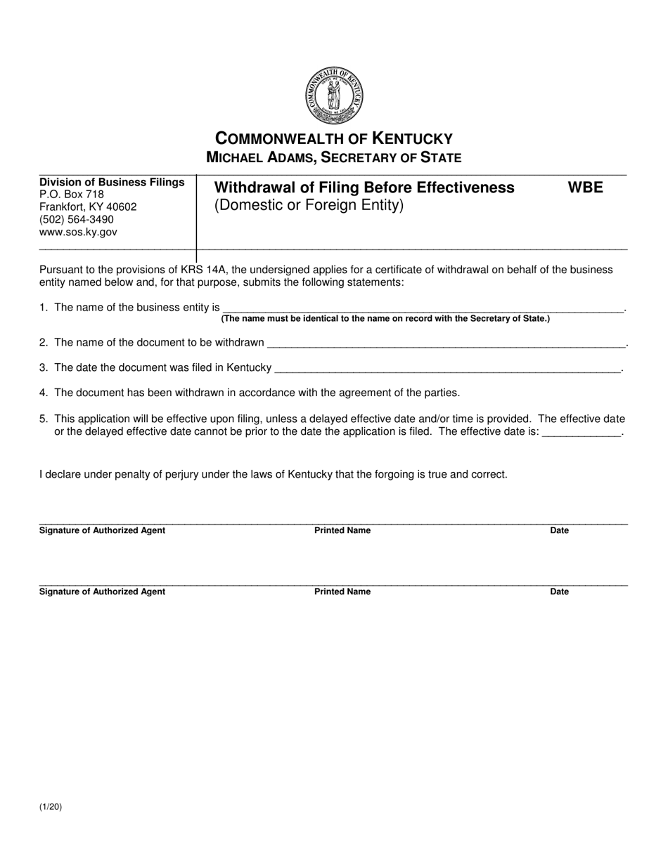 Withdrawal of Filing Before Effectiveness (Domestic or Foreign Entity) - Kentucky, Page 1