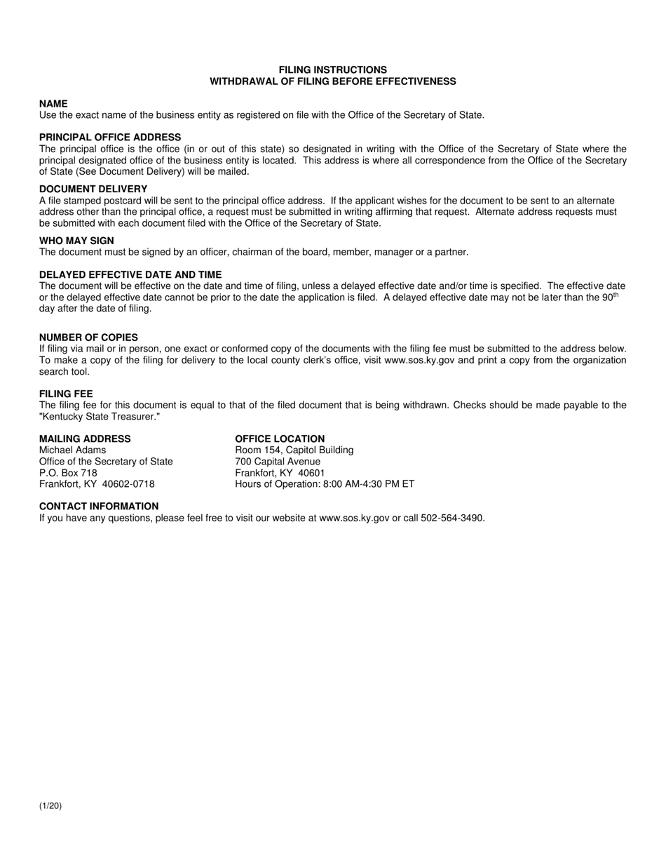Withdrawal of Filing Before Effectiveness (Domestic or Foreign Entity) - Kentucky, Page 2