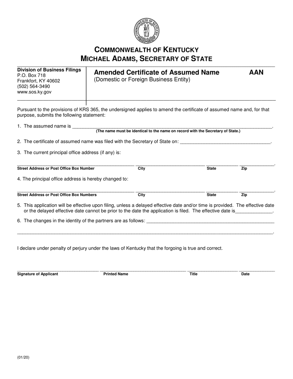 Kentucky Amended Certificate of Assumed Name (Domestic or Foreign ...