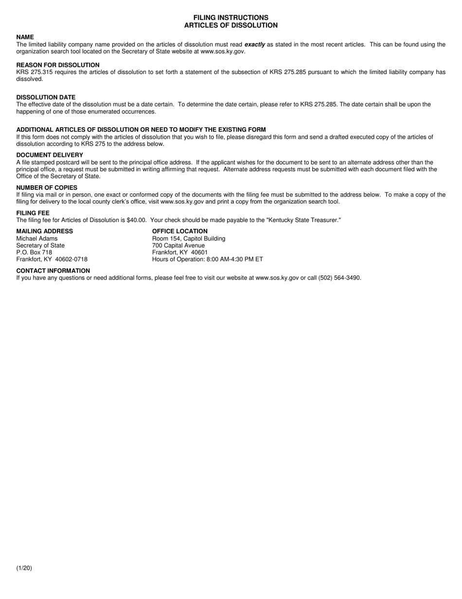 Articles of Dissolution - Limited Liability Company - Kentucky, Page 2