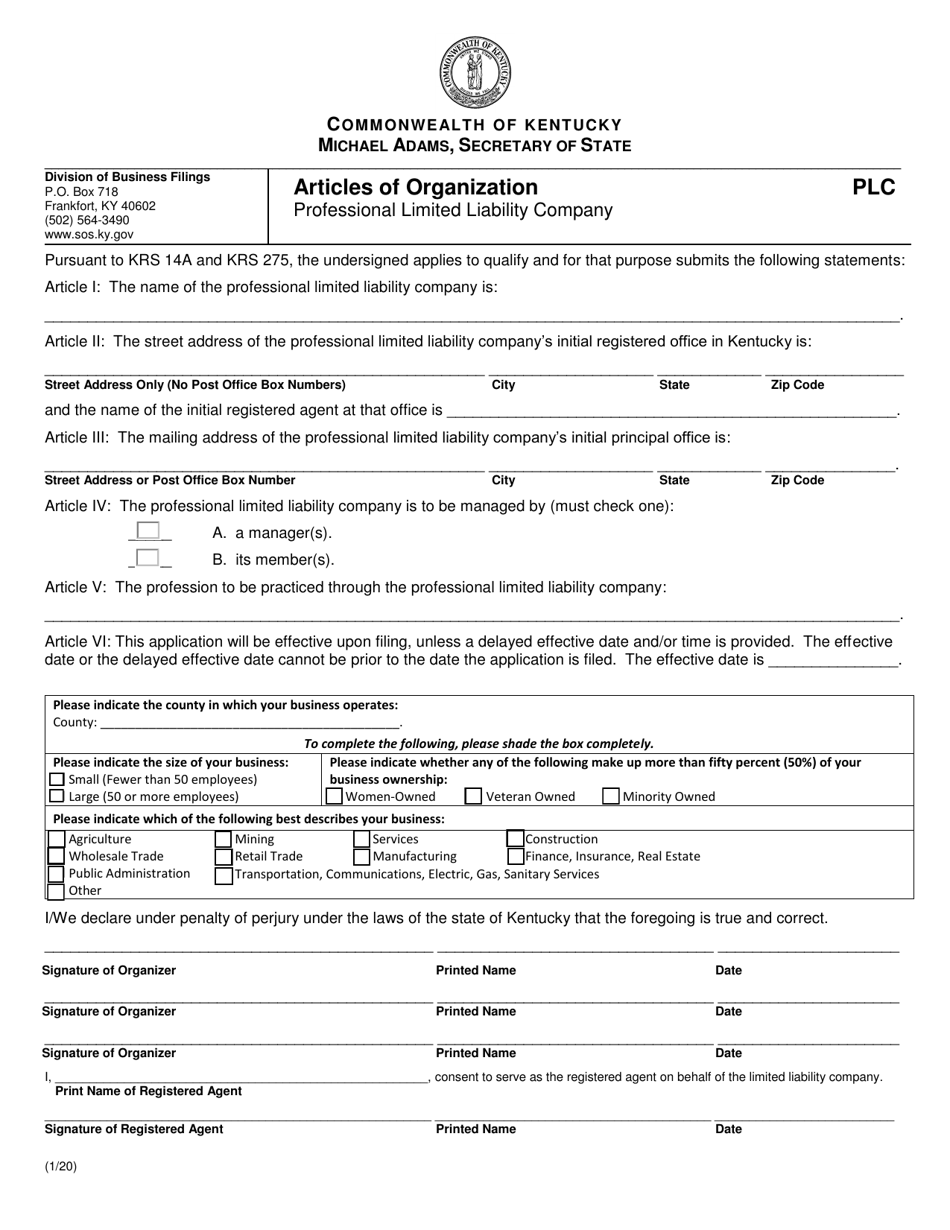 Articles of Organization - Professional Limited Liability Company - Kentucky, Page 1