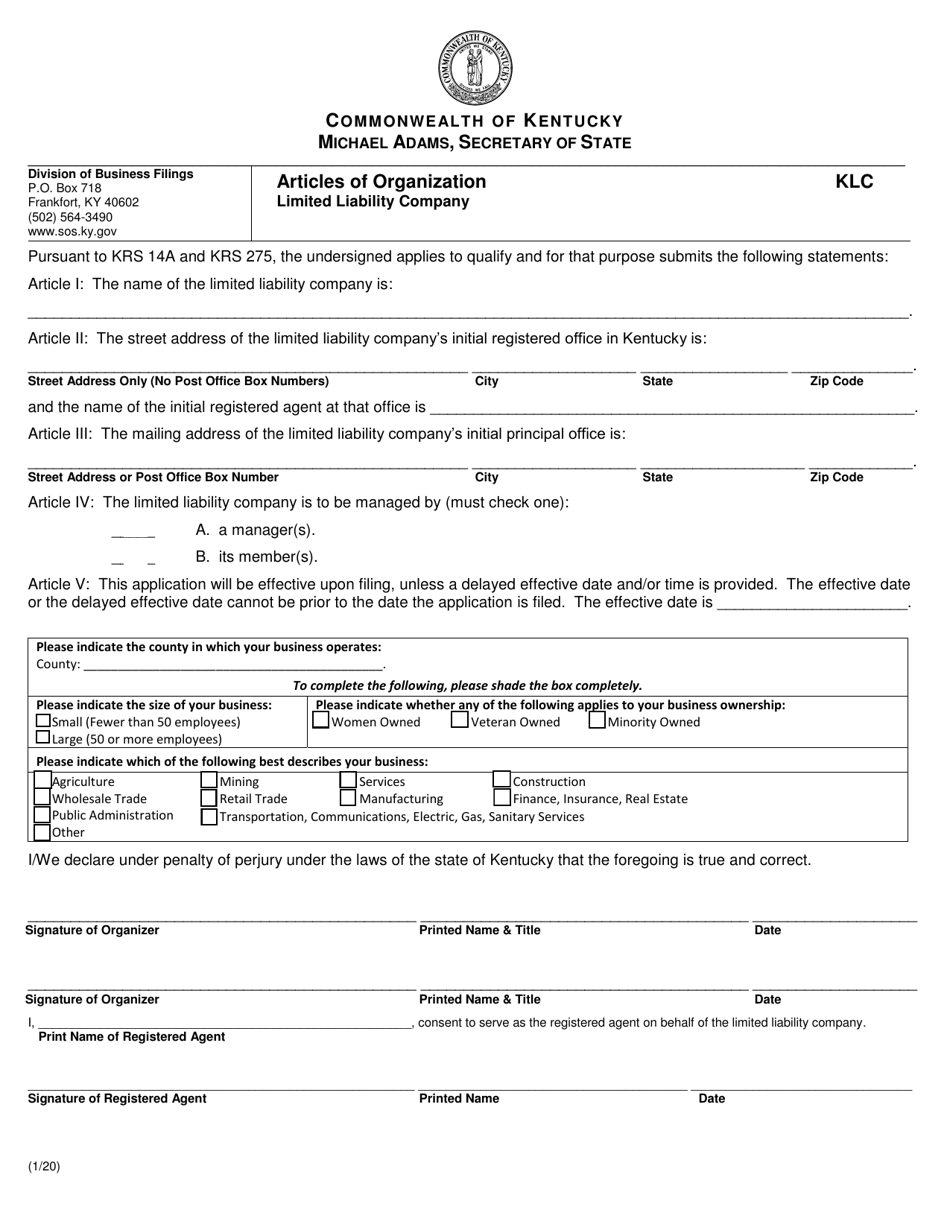 Articles of Organization - Limited Liability Company - Kentucky, Page 1