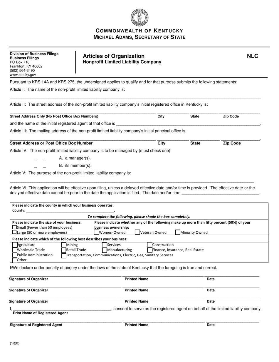 Kentucky Articles of Organization - Nonprofit Limited Liability Company ...