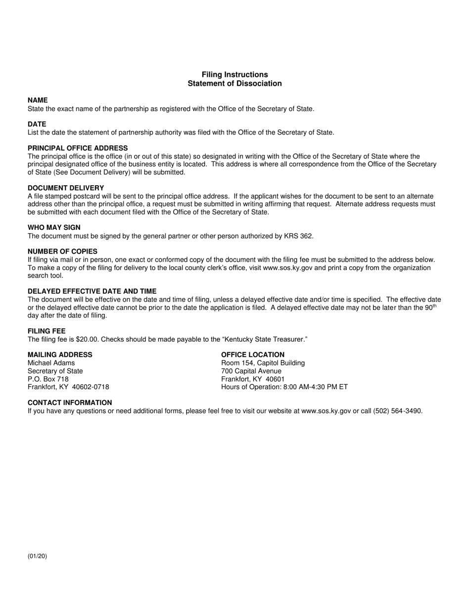 Statement of Dissociation (Domestic or Foreign Partnership) - Kentucky, Page 2