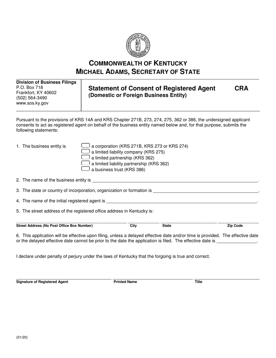 Statement of Consent of Registered Agent (Domestic or Foreign Business Entity) - Kentucky, Page 1