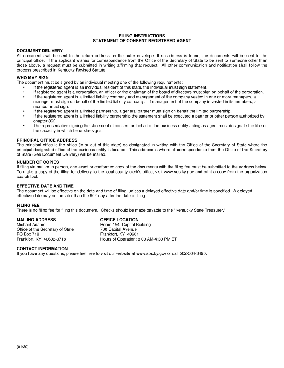 Statement of Consent of Registered Agent (Domestic or Foreign Business Entity) - Kentucky, Page 2