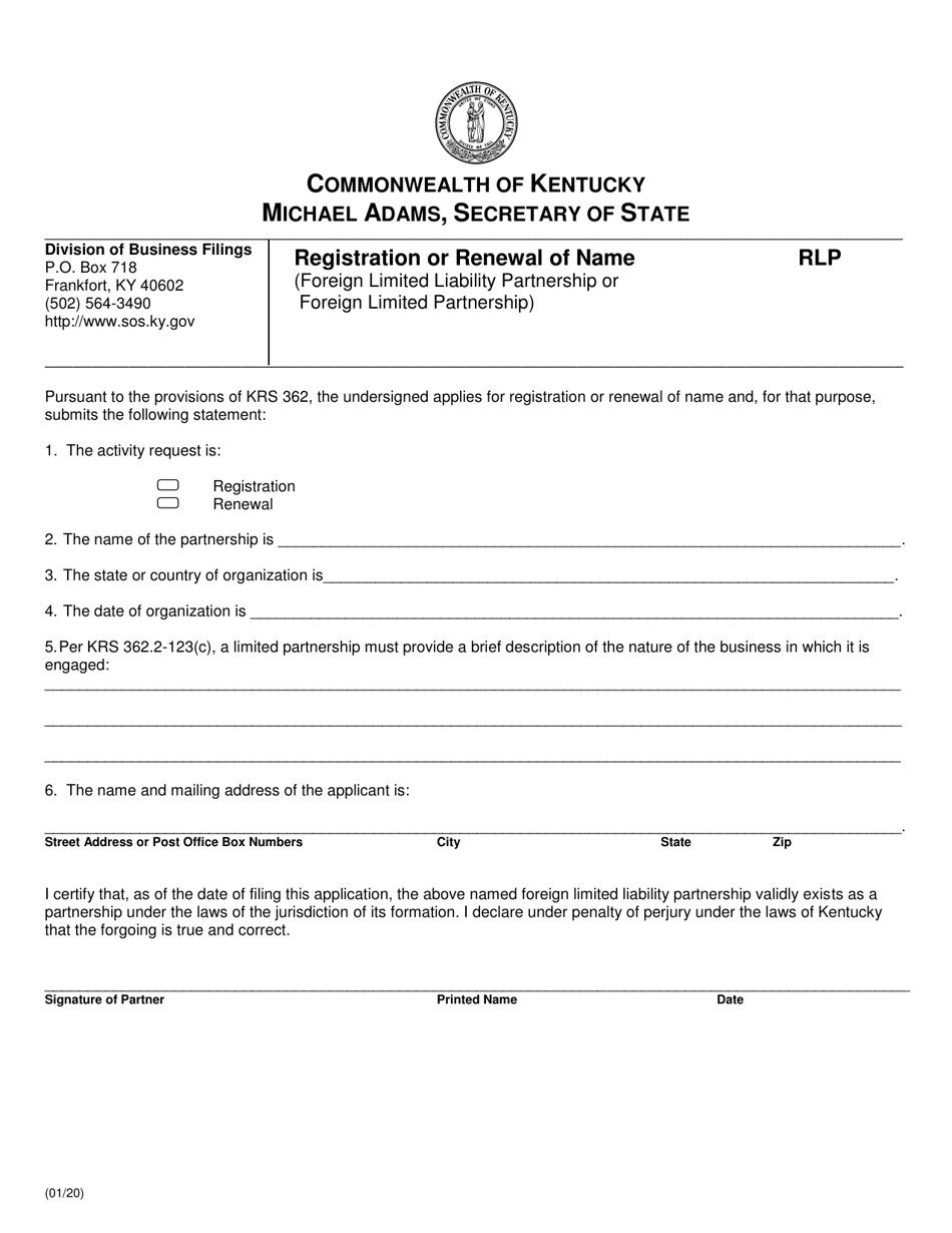 Registration or Renewal of Name (Foreign Limited Liability Partnership or Foreign Limited Partnership) - Kentucky, Page 1