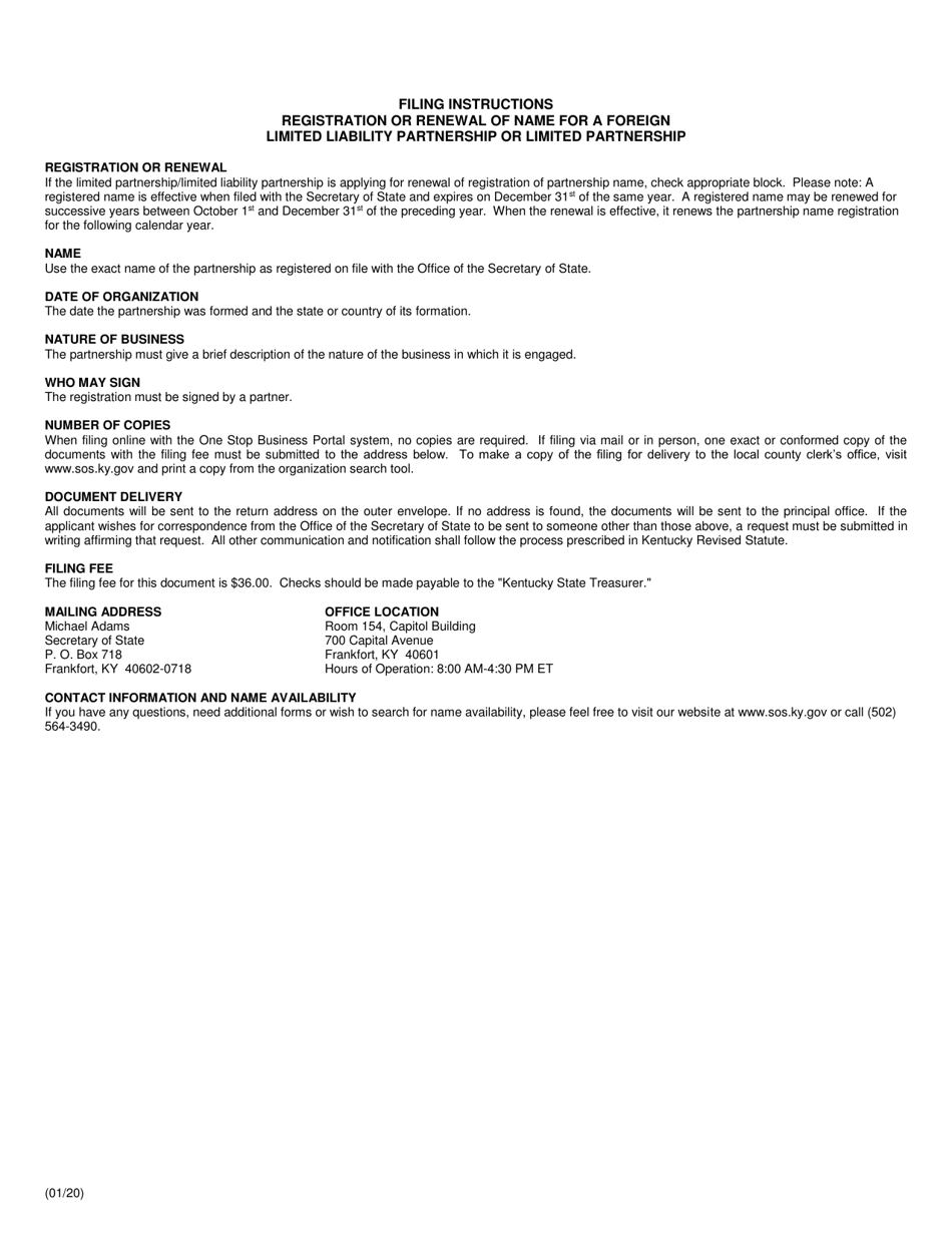 Registration or Renewal of Name (Foreign Limited Liability Partnership or Foreign Limited Partnership) - Kentucky, Page 2