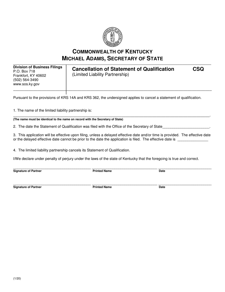 Cancellation of Statement of Qualification (Limited Liability Partnership) - Kentucky, Page 1