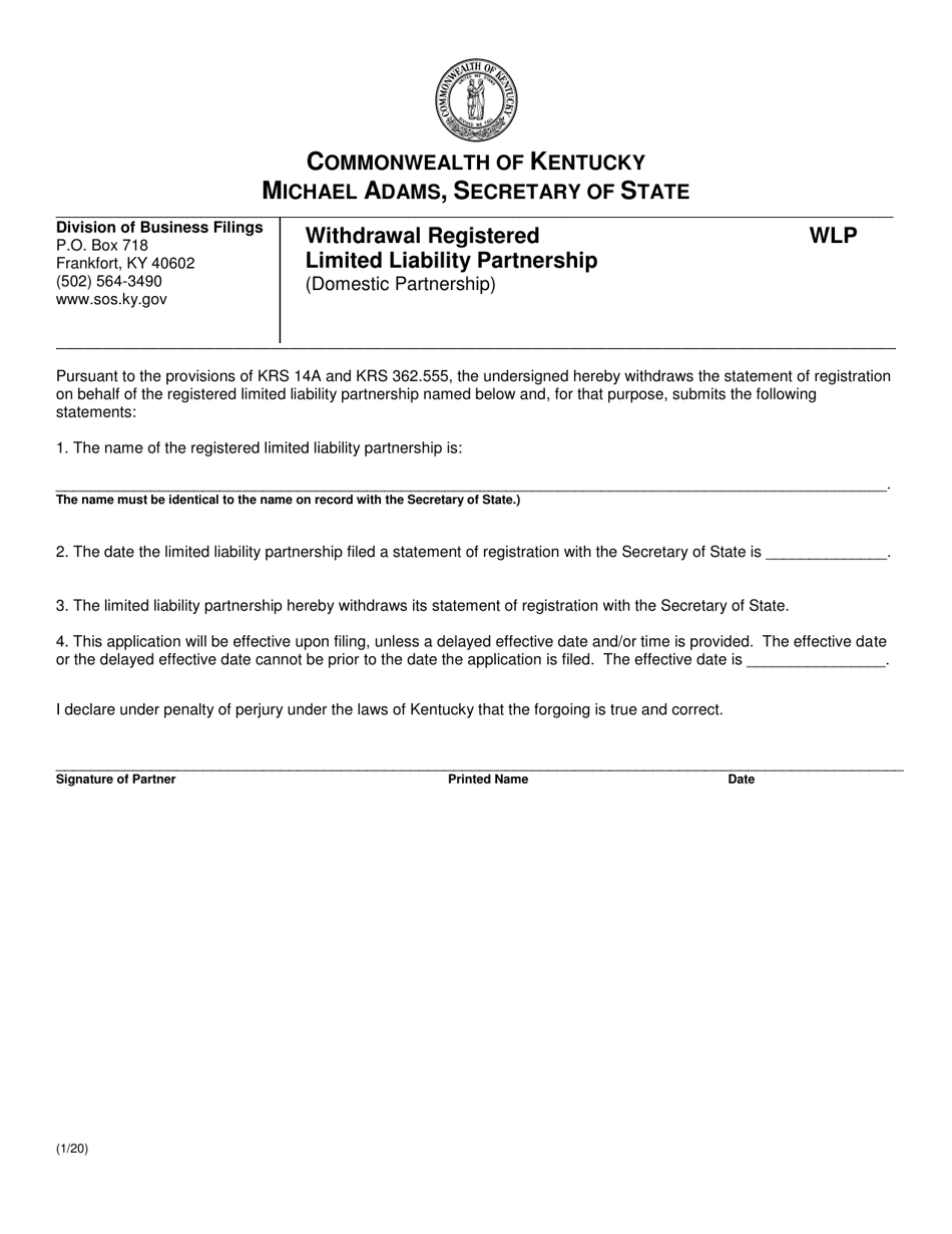 Withdrawal Registered Limited Liability Partnership (Domestic Partnership) - Kentucky, Page 1