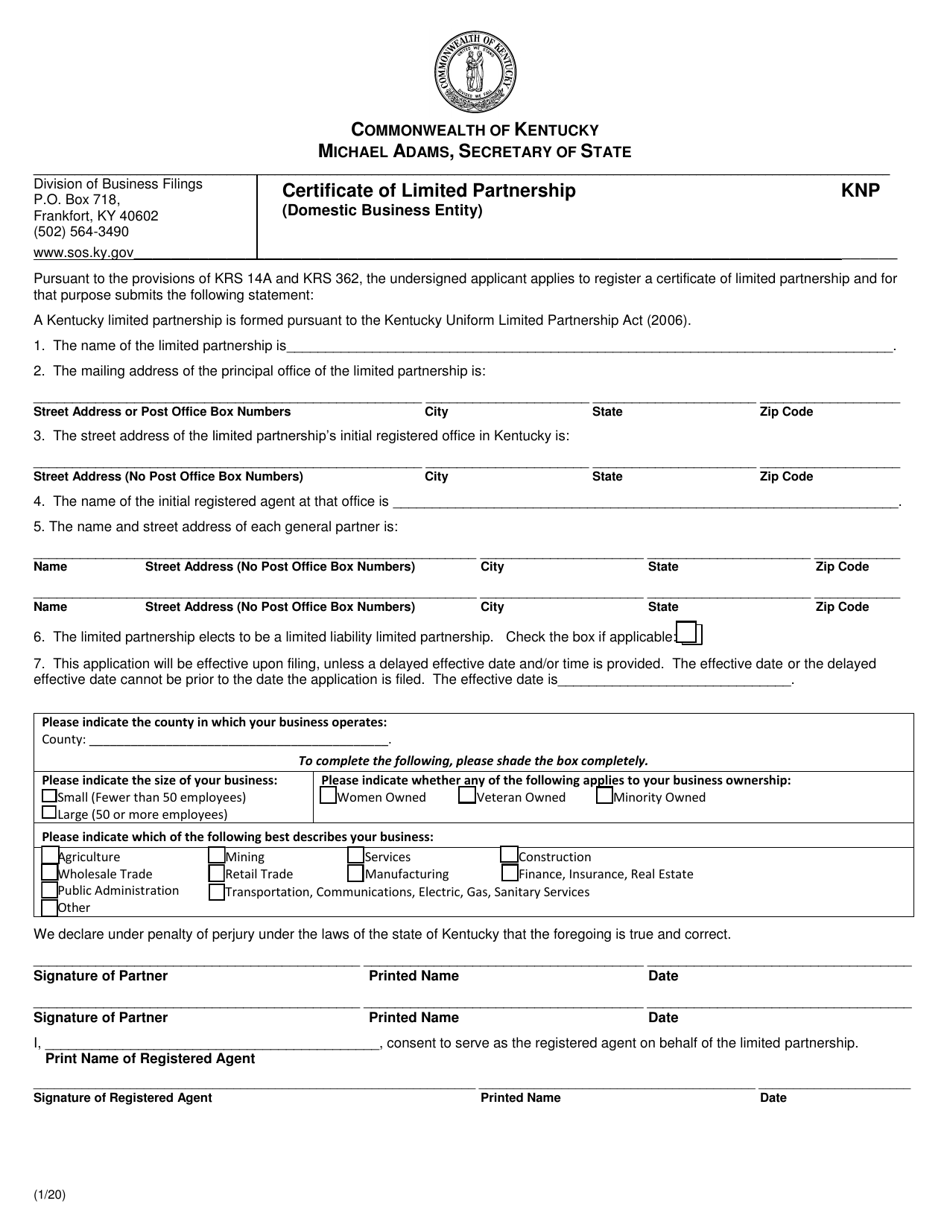 Certificate of Limited Partnership (Domestic Business Entity) - Kentucky, Page 1