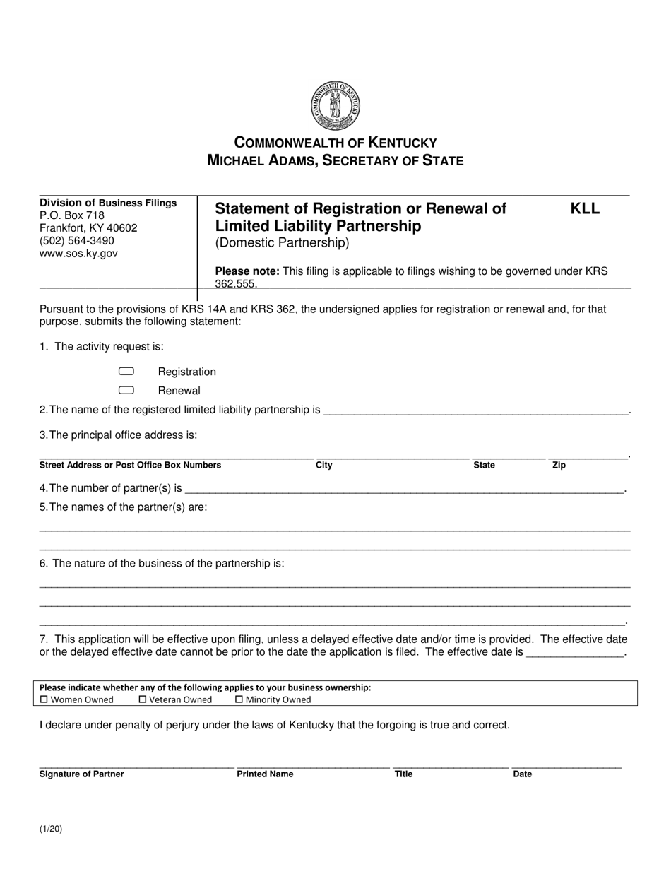 Statement of Registration or Renewal of Limited Liability Partnership (Domestic Partnership) - Kentucky, Page 1