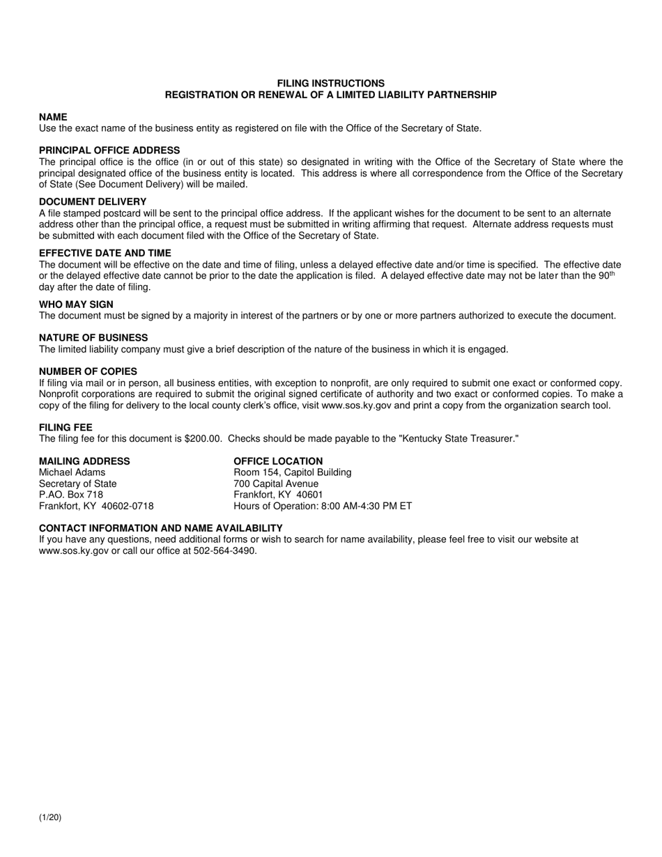 Statement of Registration or Renewal of Limited Liability Partnership (Domestic Partnership) - Kentucky, Page 2