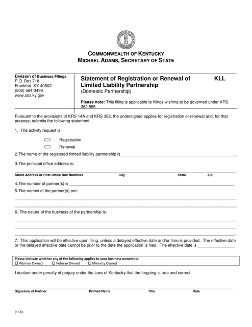 Statement of Registration or Renewal of Limited Liability Partnership (Domestic Partnership) - Kentucky Download Pdf