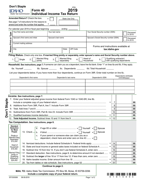 Form 40 Individual Income Tax Return - Idaho, 2019