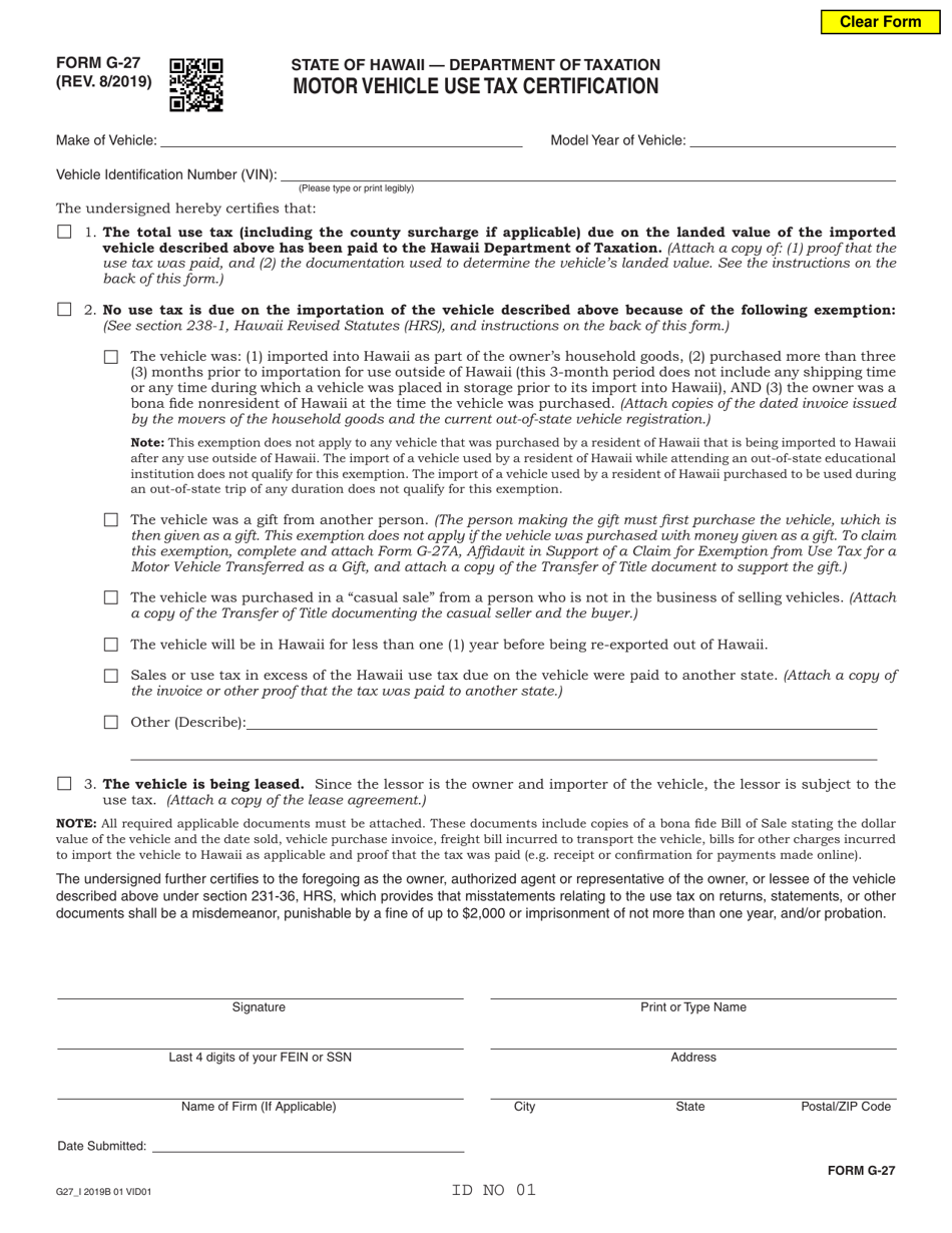 Form G-27 Motor Vehicle Use Tax Certification - Hawaii, Page 1